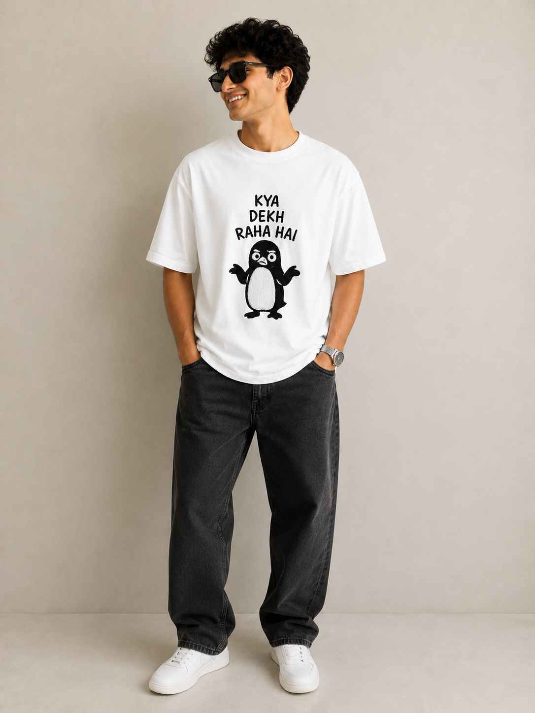 HEFNEX Funny Penguin Graphic T-Shirt for Men – “Kya Dekh Raha Hai” Printed White Casual Tee