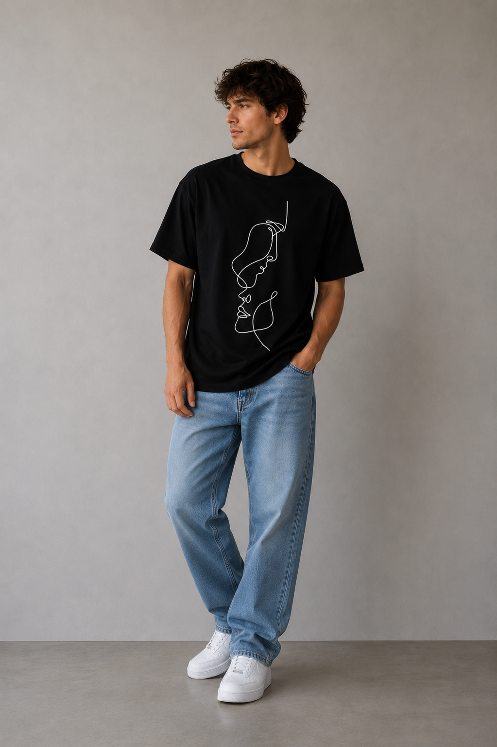 HEFNEX Minimalist Abstract Face Line Art Black T-Shirt for Men | Premium Aesthetic Graphic Tee | Modern Streetwear Casual Fashion Top