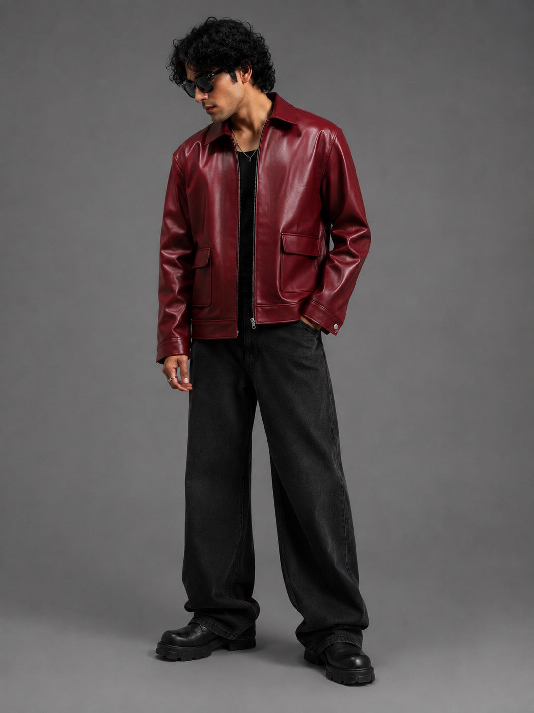 HEFNEX Oxblood Leather Jacket for Men | Premium Oversized Fit | Zip-Up Streetwear Winter Jacket