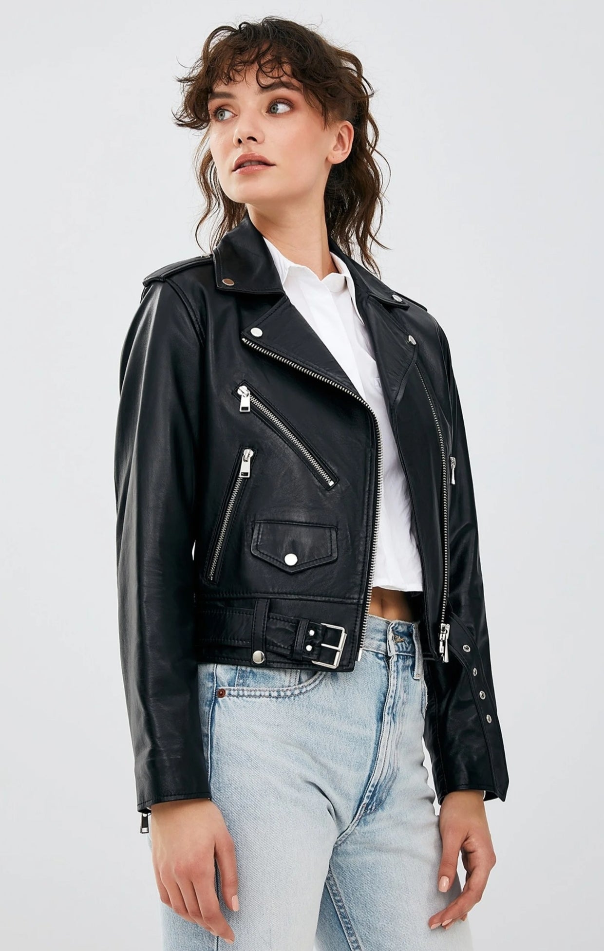 Women's Classic Moto Leather Jacket with Belted Detail