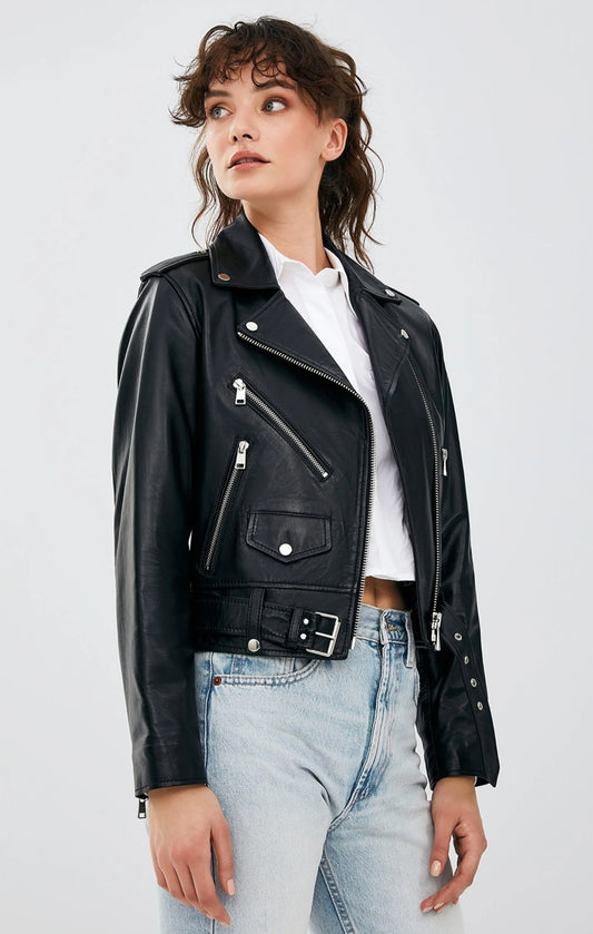 HEFNEX Women's Classic Moto Leather Jacket with Belted Detail