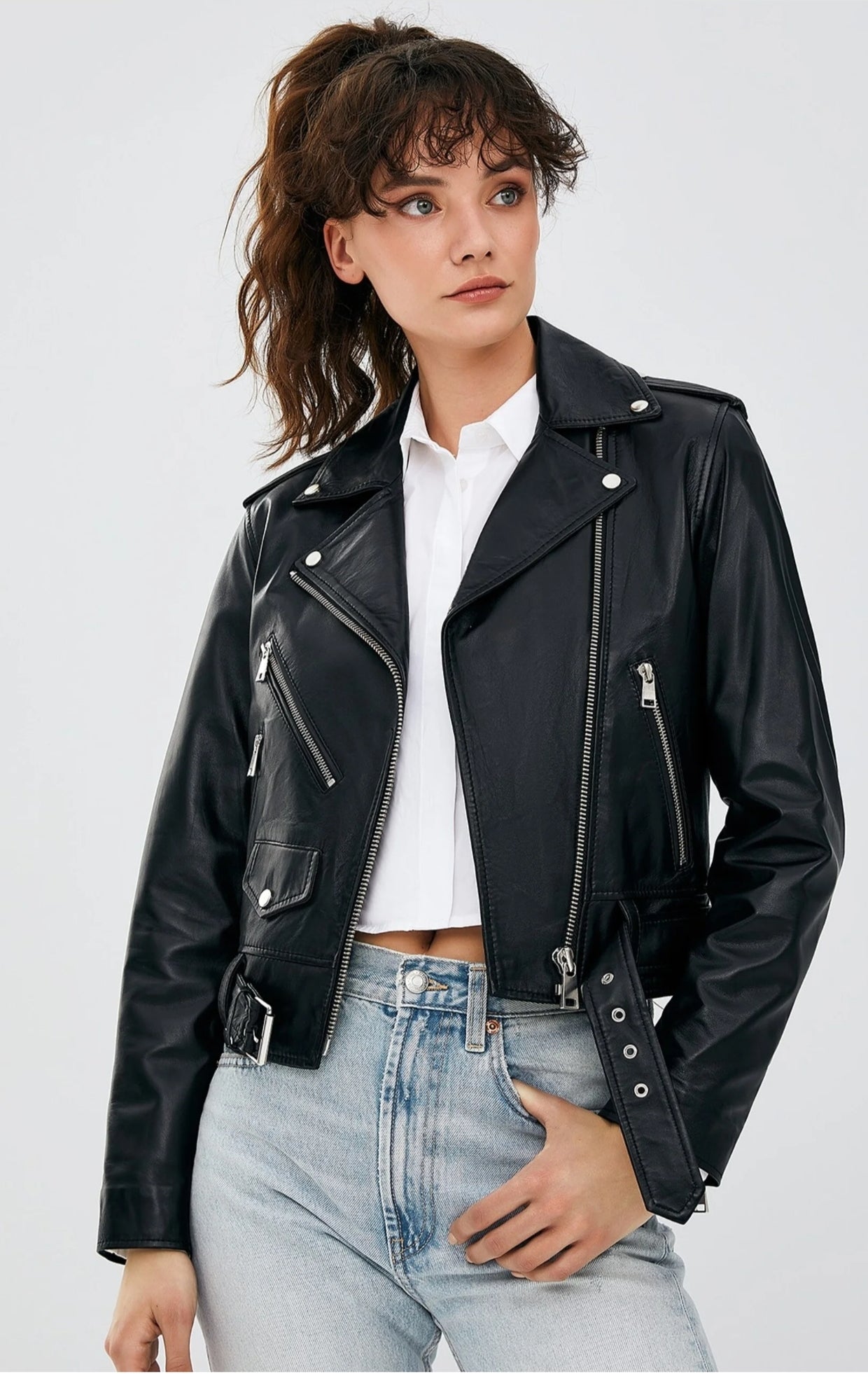 Women's Classic Moto Leather Jacket with Belted Detail
