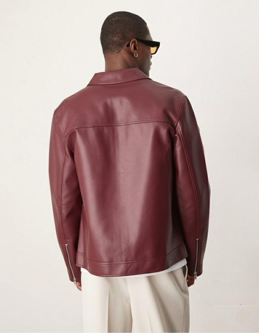 HEFNEX Modern Classic: Collared Leather Jacket in Rich Maroon