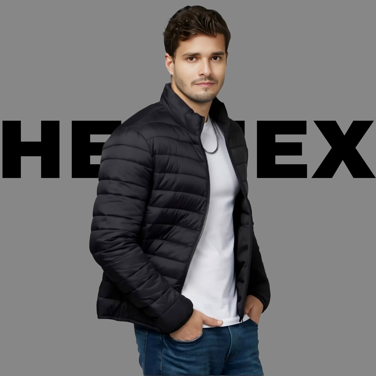 HEFNEX Black Men's Lightweight  Quilted Puffer Jacket with a Sleek Design and Warm Insulation