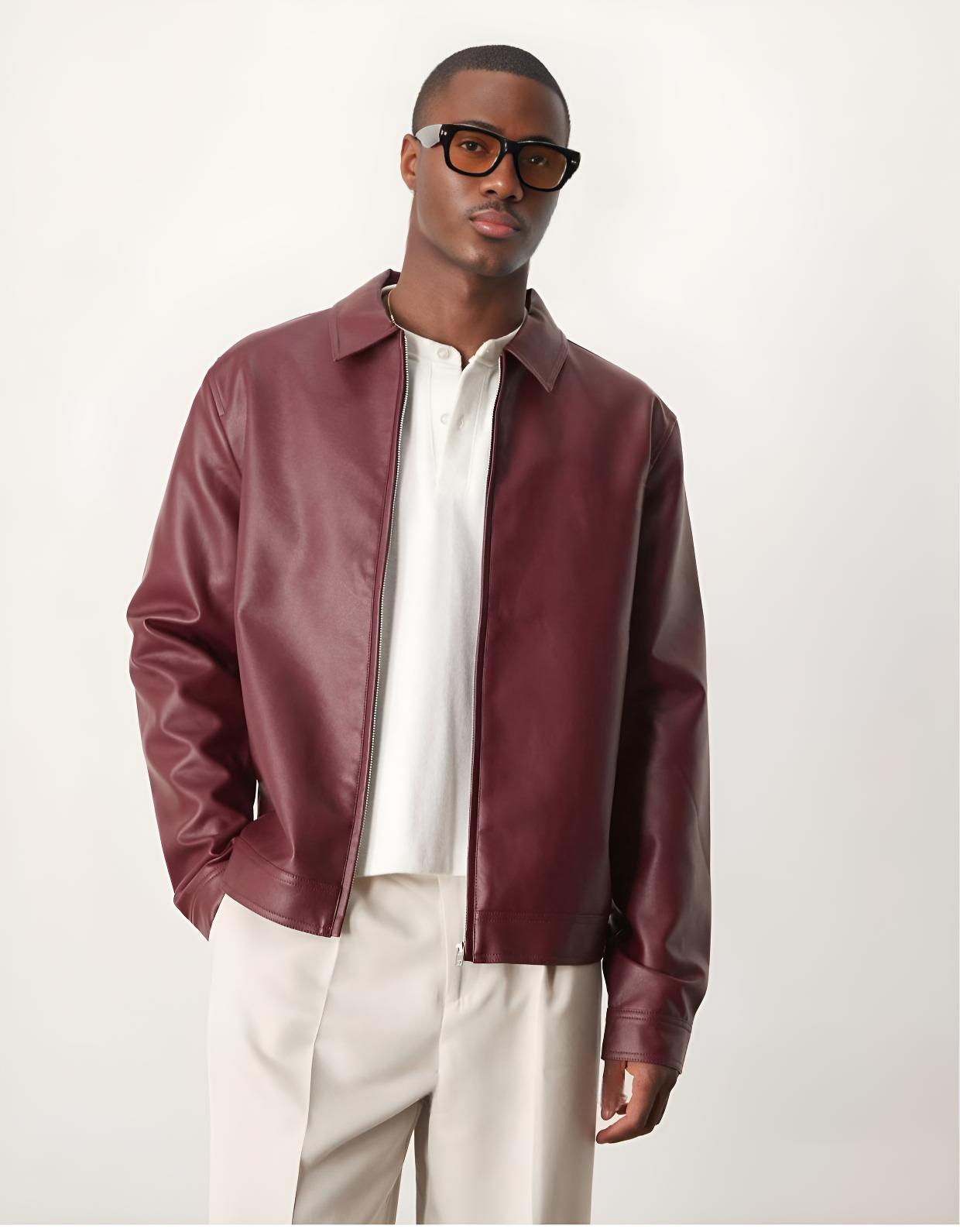 HEFNEX Modern Classic: Collared Leather Jacket in Rich Maroon