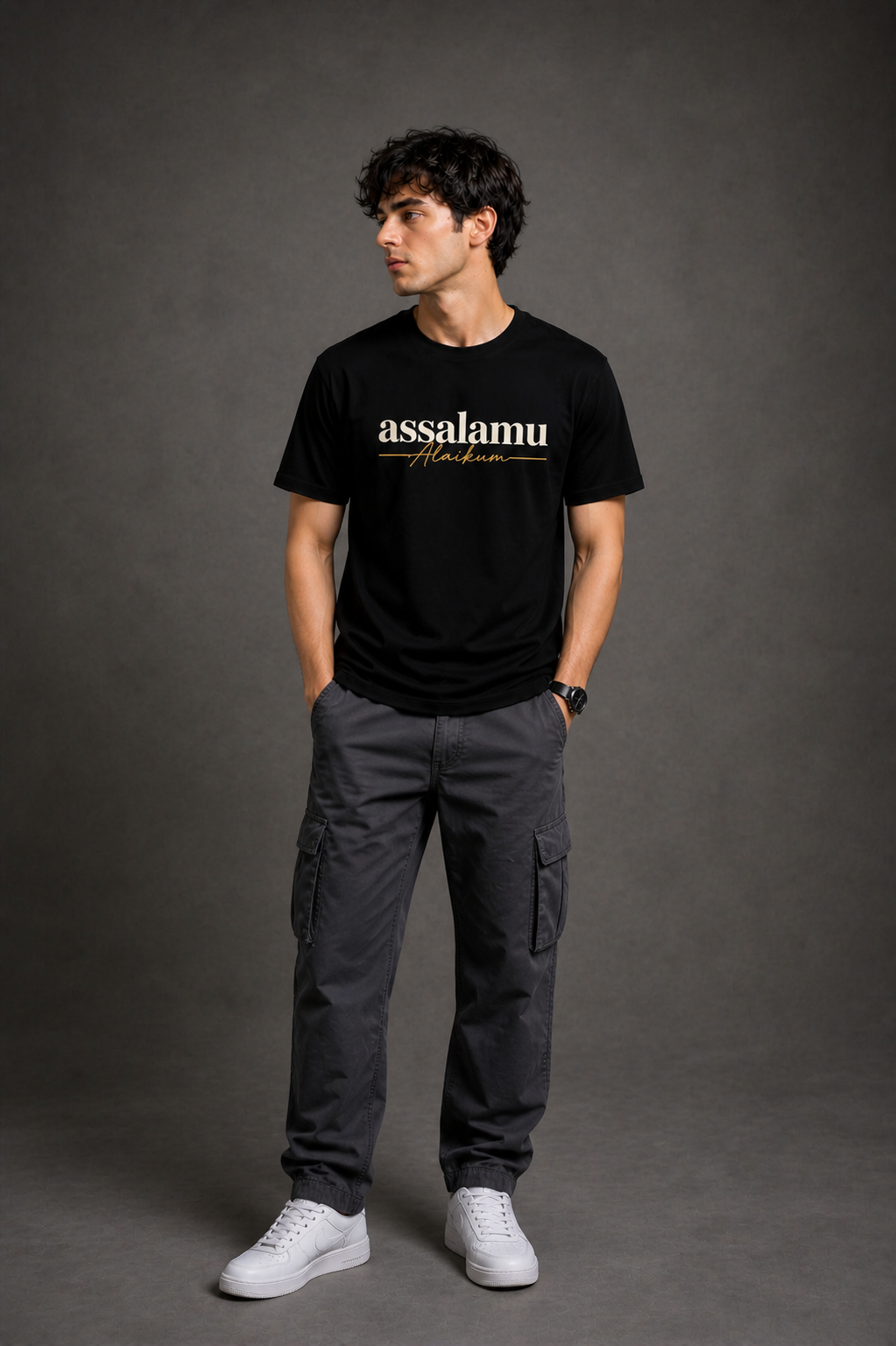 HEFNEX Assalamu Alaikum Printed T-Shirt – Elegant Minimal Typography | Black Cotton Casual Tee for Men