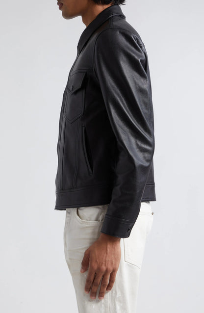 HEFNEX Men’s Black Leather Trucker Jacket – Classic Front Zip Closure with Flap Pockets and Timeless Stylish Design