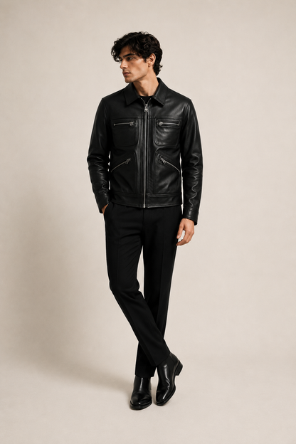 HEFNEX Men’s Premium Black Leather Jacket – Classic Zip-Up Biker Jacket | Stylish Everyday Outerwear