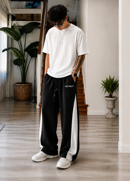 HEFNEX Black & White Oversized Track Pants | Baggy Relaxed Fit Streetwear Joggers