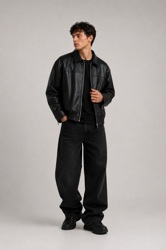 HEFNEX|Men’s Black Leather Bomber Jacket – Modern Oversized Casual Fit