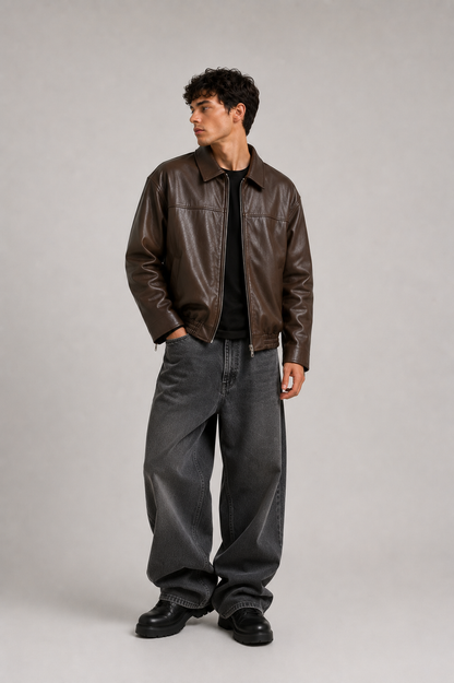 HEFNEX|Men’s Dark Brown Leather Bomber Jacket – Premium Oversized Zip-Up Casual Jacket