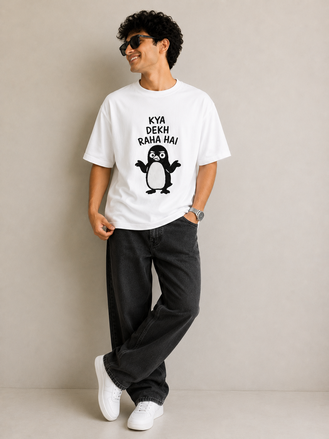 HEFNEX Funny Penguin Graphic T-Shirt for Men – “Kya Dekh Raha Hai” Printed White Casual Tee