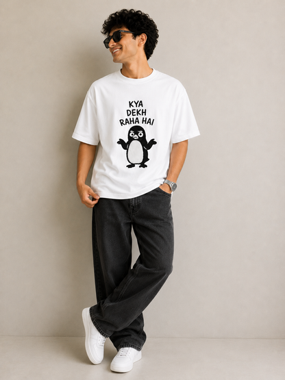 HEFNEX Funny Penguin Graphic T-Shirt for Men – “Kya Dekh Raha Hai” Printed White Casual Tee