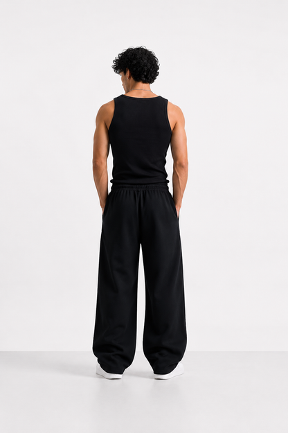 HEFNEX Black Wide-Leg Track Pants for Men | Oversized Relaxed Fit Joggers with Reflective Detail