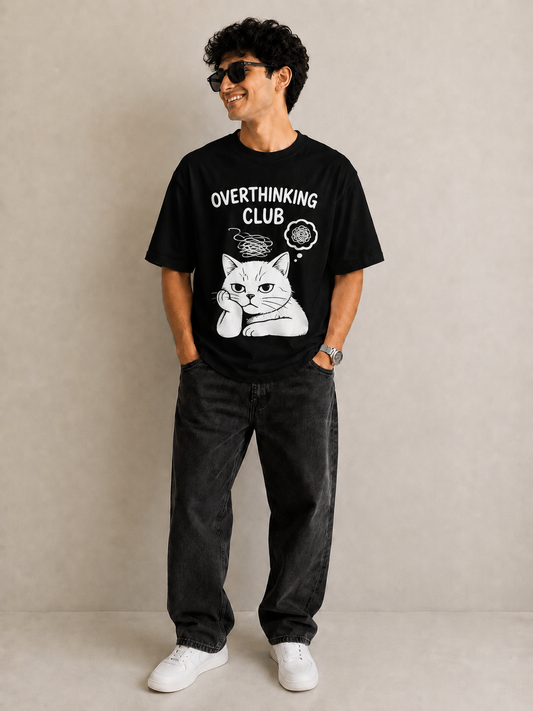 HEFNEX Overthinking Club Black Graphic T-Shirt for Men & Women | Trendy Aesthetic Streetwear Tee