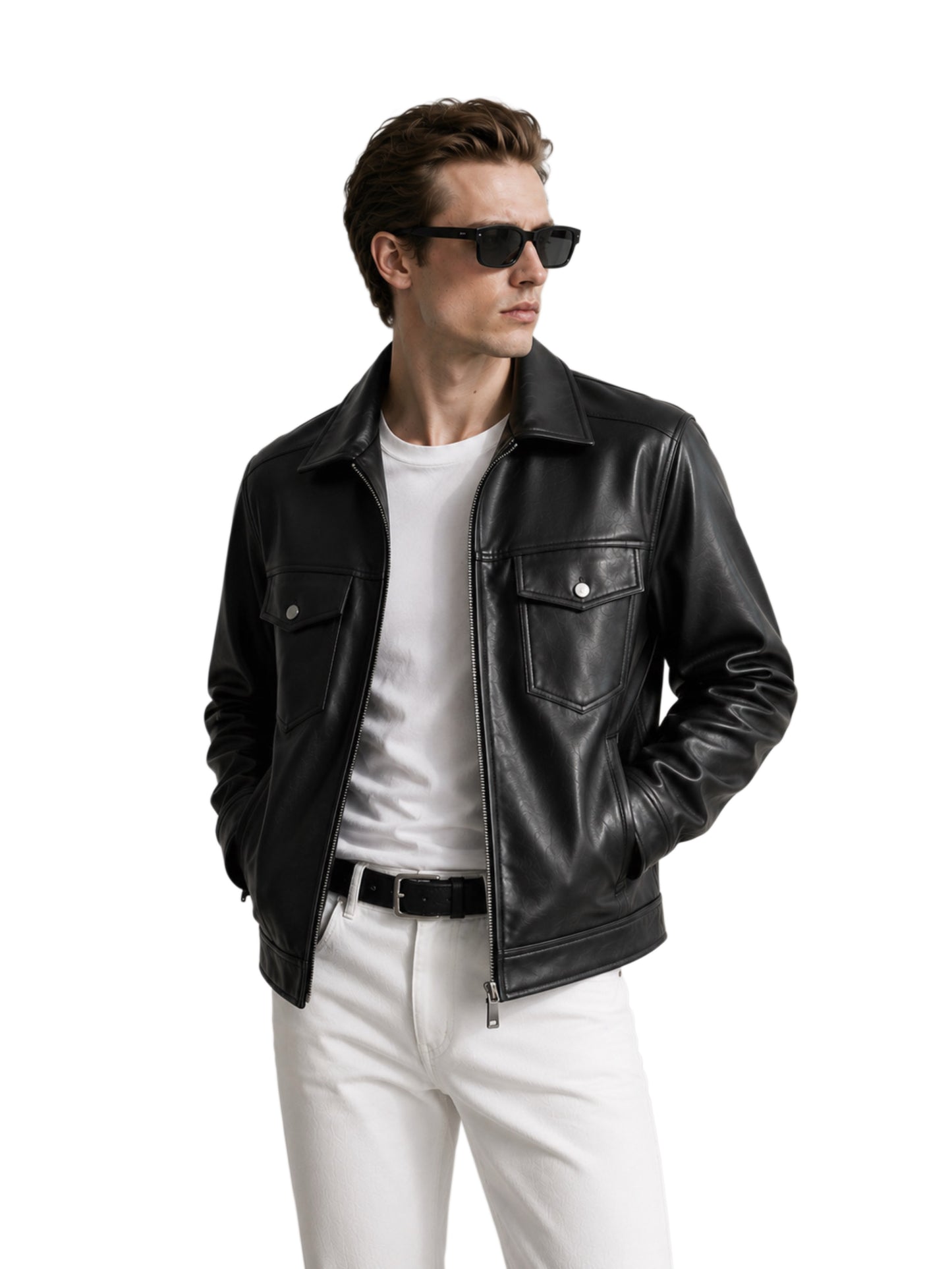 HEFNEX Men’s Black Leather Trucker Jacket – Classic Front Zip Closure with Flap Pockets and Timeless Stylish Design