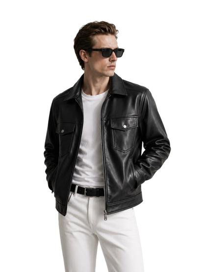 HEFNEX Men’s Black Leather Trucker Jacket – Classic Front Zip Closure with Flap Pockets and Timeless Stylish Design