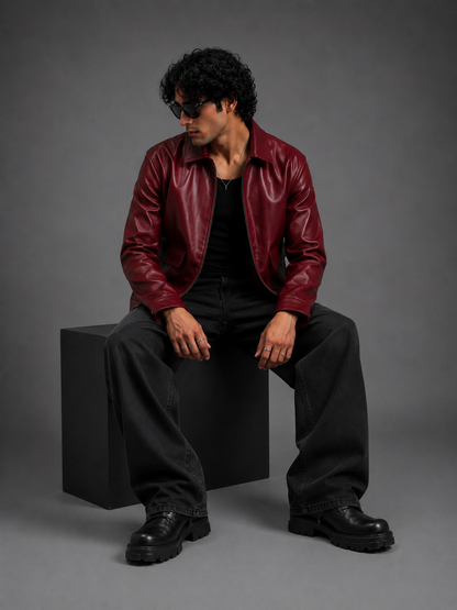 HEFNEX Oxblood Leather Jacket for Men | Premium Oversized Fit | Zip-Up Streetwear Winter Jacket