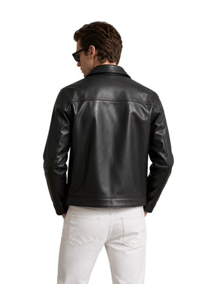 HEFNEX Men’s Black Leather Trucker Jacket – Classic Front Zip Closure with Flap Pockets and Timeless Stylish Design