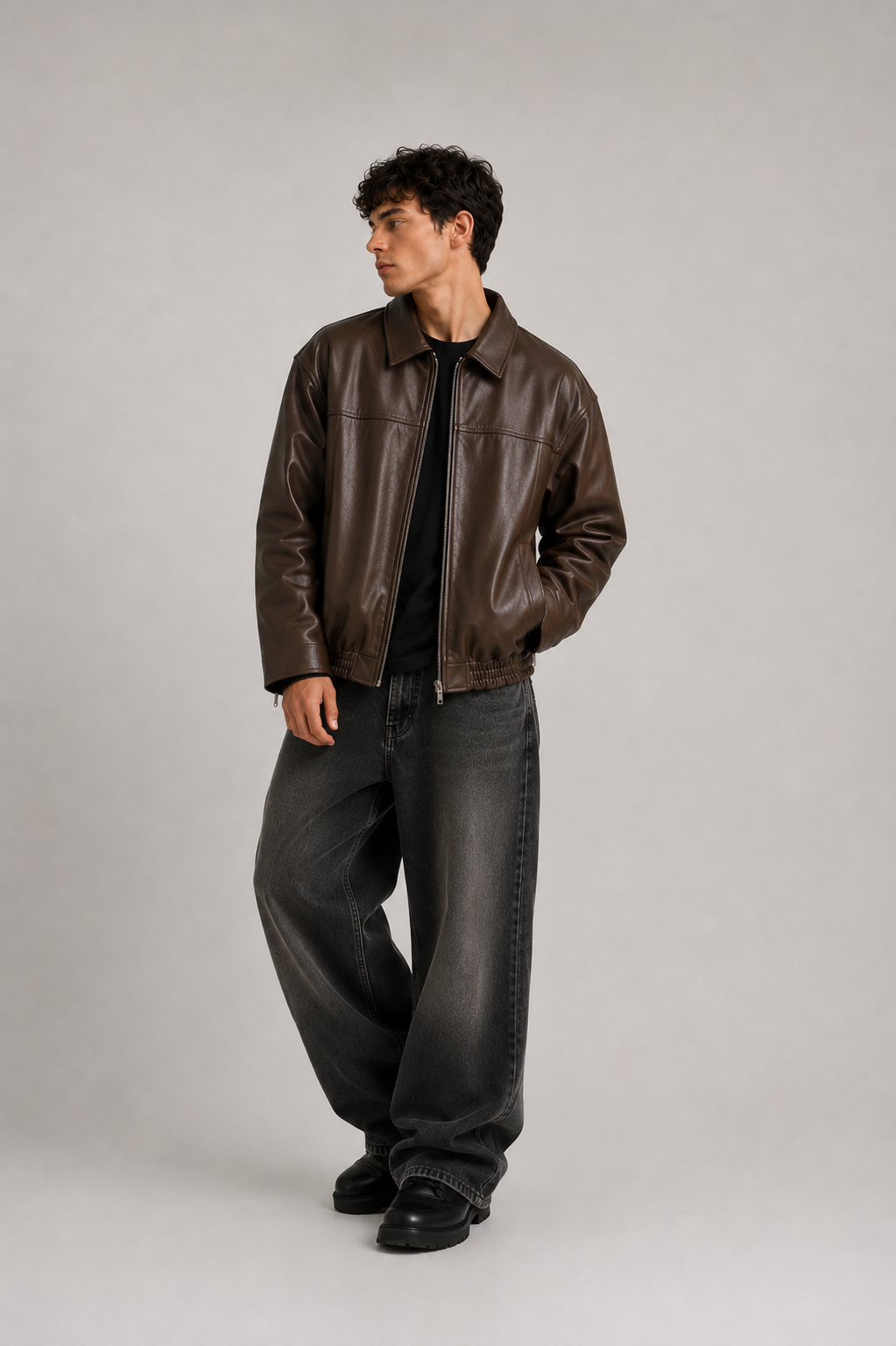 HEFNEX|Men’s Dark Brown Leather Bomber Jacket – Premium Oversized Zip-Up Casual Jacket