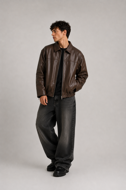 HEFNEX|Men’s Dark Brown Leather Bomber Jacket – Premium Oversized Zip-Up Casual Jacket