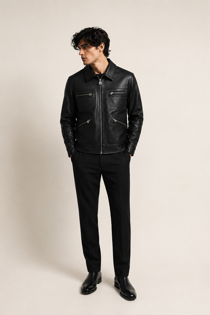 HEFNEX Men’s Premium Black Leather Jacket – Classic Zip-Up Biker Jacket | Stylish Everyday Outerwear