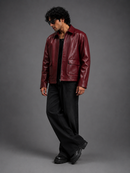 HEFNEX Oxblood Leather Jacket for Men | Premium Oversized Fit | Zip-Up Streetwear Winter Jacket