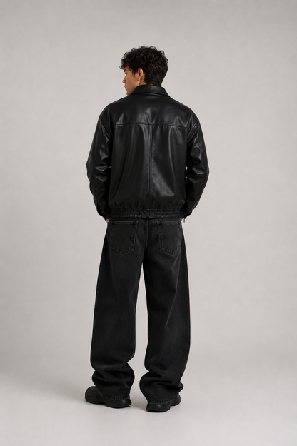 HEFNEX|Men’s Black Leather Bomber Jacket – Modern Oversized Casual Fit