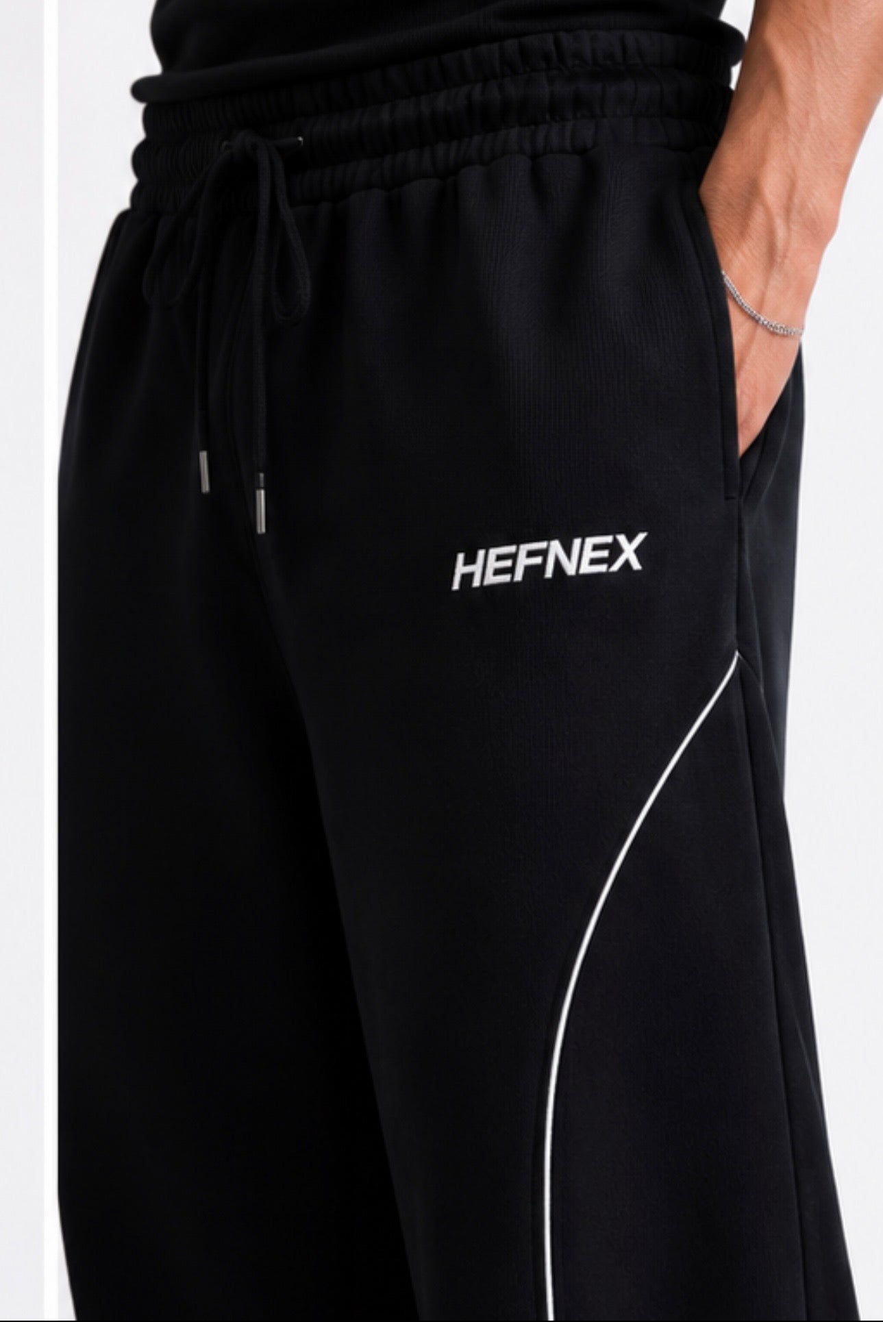 HEFNEX Black Wide-Leg Track Pants for Men | Oversized Relaxed Fit Joggers with Reflective Detail