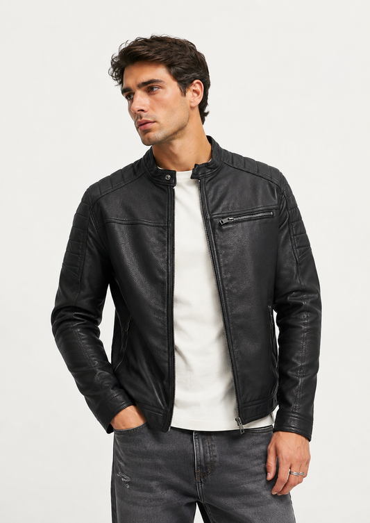 HEFNEX Men’s Black TR Leather Biker Jacket – Premium Casual Motorcycle Style