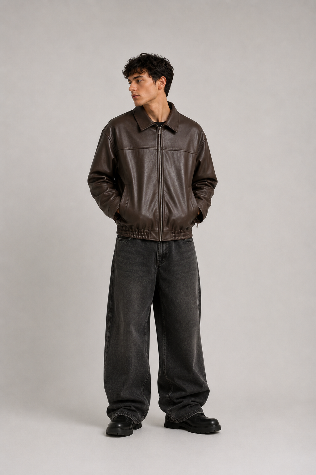HEFNEX|Men’s Dark Brown Leather Bomber Jacket – Premium Oversized Zip-Up Casual Jacket