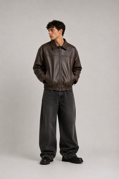 HEFNEX|Men’s Dark Brown Leather Bomber Jacket – Premium Oversized Zip-Up Casual Jacket