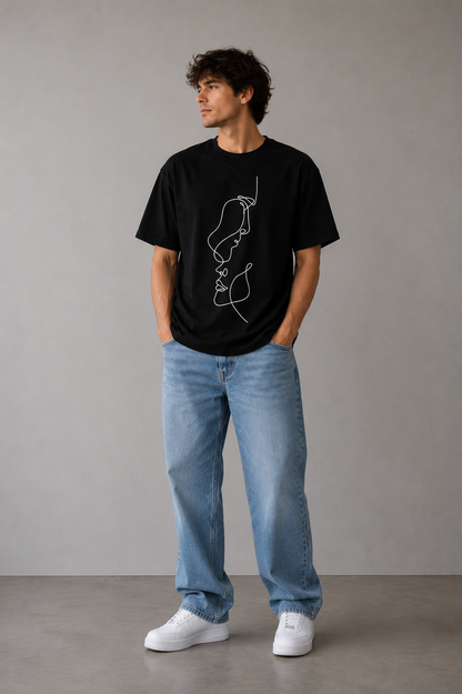 HEFNEX Minimalist Abstract Face Line Art Black T-Shirt for Men | Premium Aesthetic Graphic Tee | Modern Streetwear Casual Fashion Top