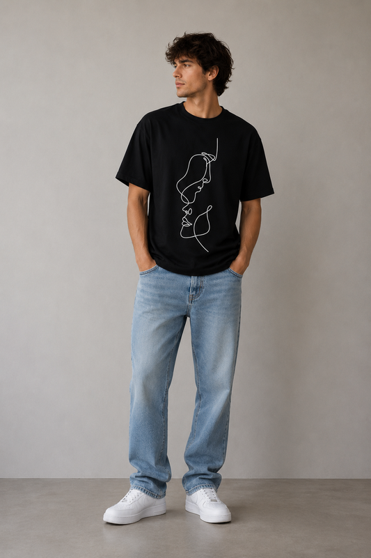 HEFNEX Minimalist Abstract Face Line Art Black T-Shirt for Men | Premium Aesthetic Graphic Tee | Modern Streetwear Casual Fashion Top
