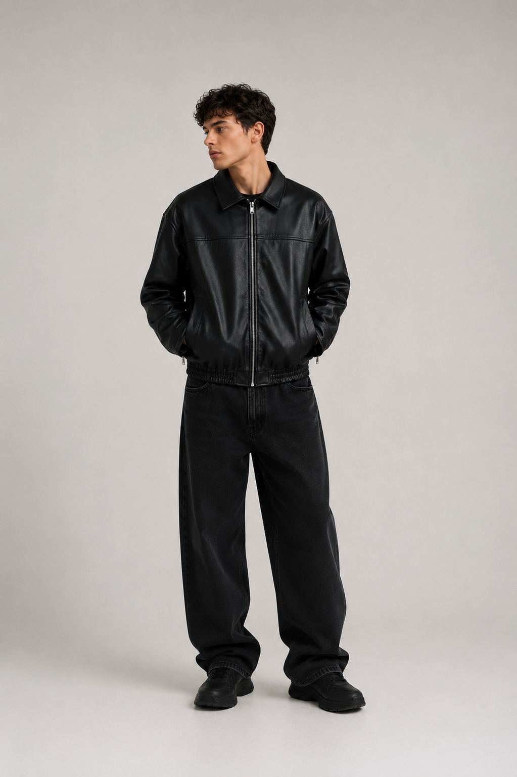 HEFNEX|Men’s Black Leather Bomber Jacket – Modern Oversized Casual Fit