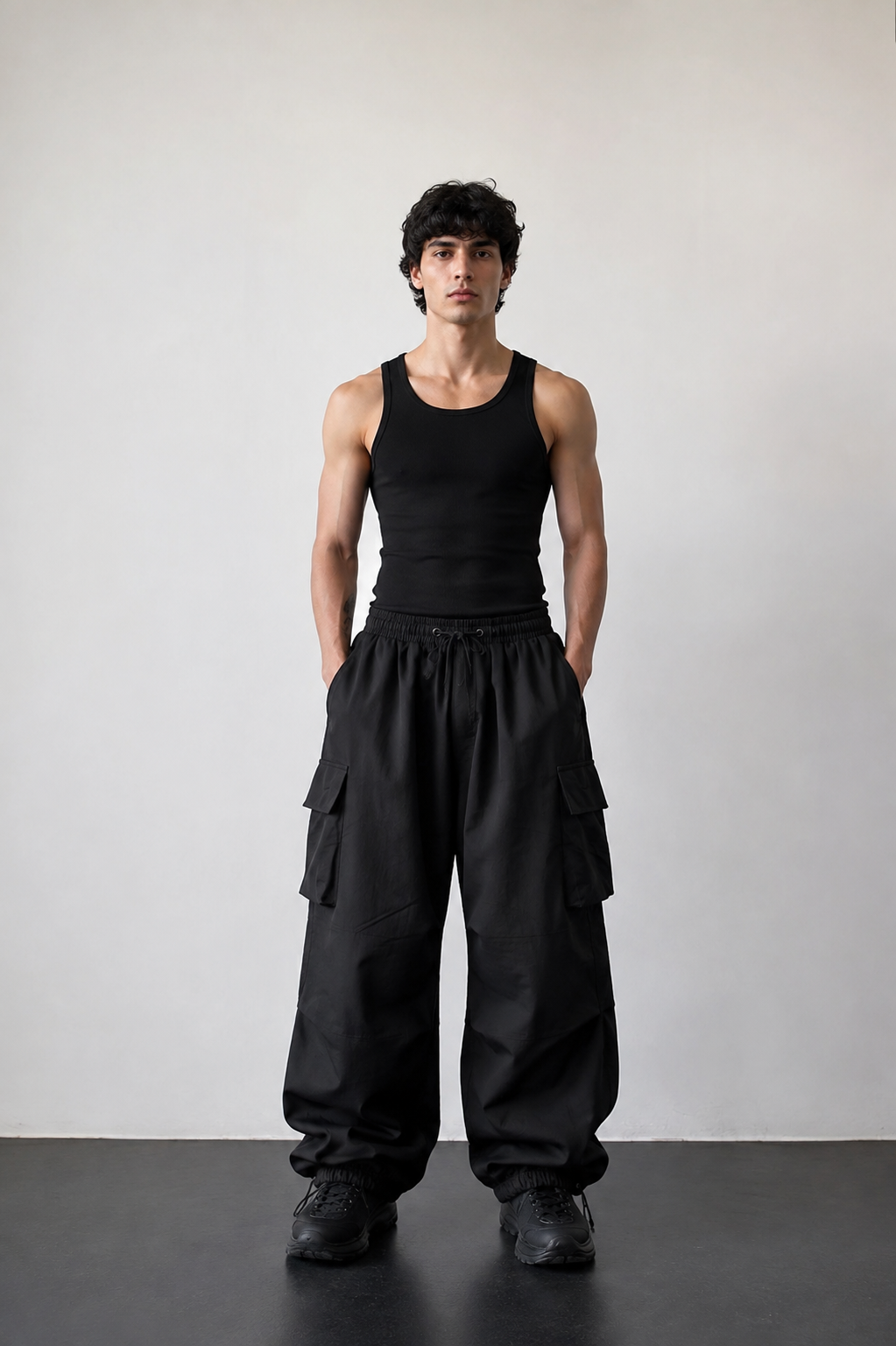 HEFNEX Black Oversized Cargo Joggers for Men – Baggy Streetwear Utility Pants with Multi Pockets