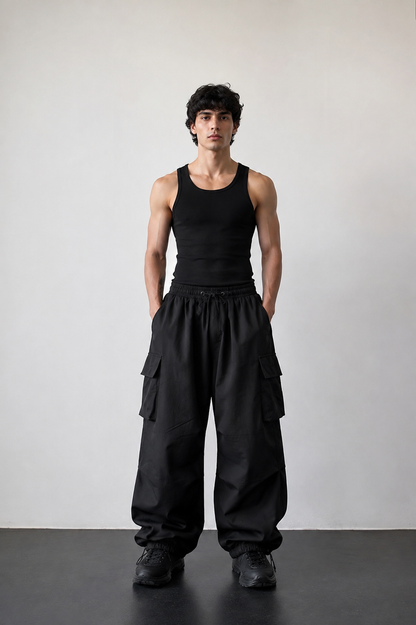 HEFNEX Black Oversized Cargo Joggers for Men – Baggy Streetwear Utility Pants with Multi Pockets