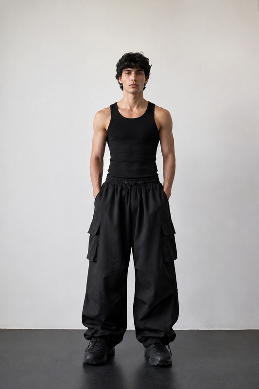 HEFNEX Black Oversized Cargo Joggers for Men – Baggy Streetwear Utility Pants with Multi Pockets