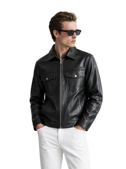 HEFNEX Men’s Black Leather Trucker Jacket – Classic Front Zip Closure with Flap Pockets and Timeless Stylish Design