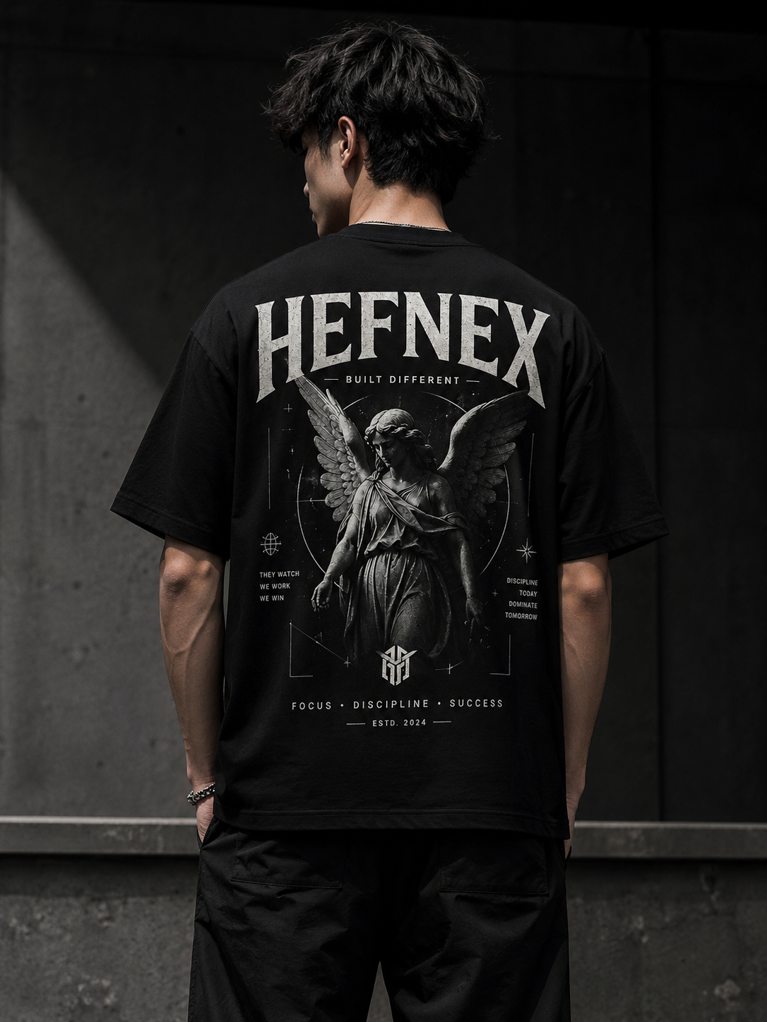 HEFNEX Oversized Black Graphic T-Shirt for Men | Angel Back Print Streetwear Tshirt | Premium Heavyweight Urban Fashion Tee