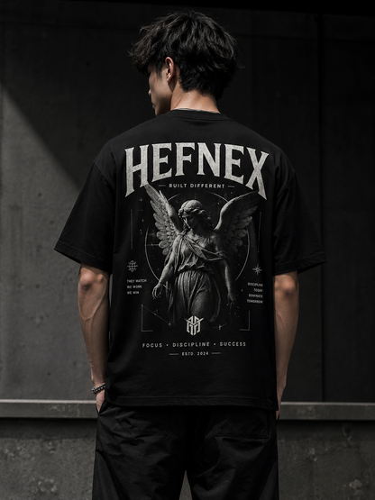 HEFNEX Oversized Black Graphic T-Shirt for Men | Angel Back Print Streetwear Tshirt | Premium Heavyweight Urban Fashion Tee
