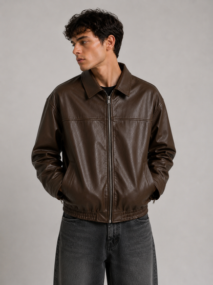 HEFNEX|Men’s Dark Brown Leather Bomber Jacket – Premium Oversized Zip-Up Casual Jacket