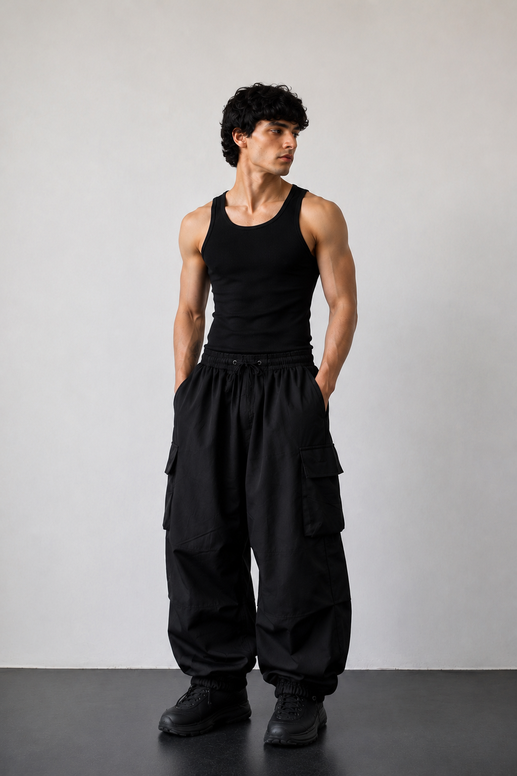 HEFNEX Black Oversized Cargo Joggers for Men – Baggy Streetwear Utility Pants with Multi Pockets