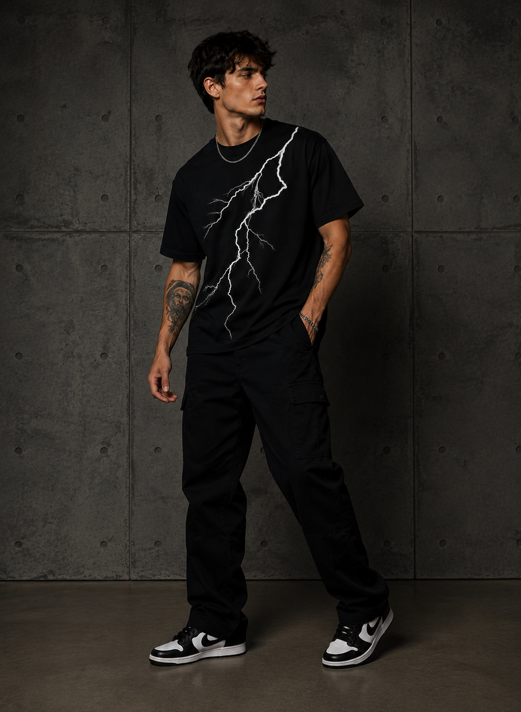 HEFNEX Thunderstrike Black Graphic T-Shirt for Men – Lightning Print Streetwear Tee