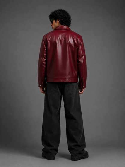 HEFNEX Oxblood Leather Jacket for Men | Premium Oversized Fit | Zip-Up Streetwear Winter Jacket