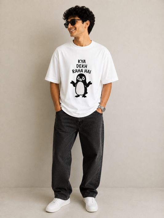 HEFNEX Funny Penguin Graphic T-Shirt for Men – “Kya Dekh Raha Hai” Printed White Casual Tee