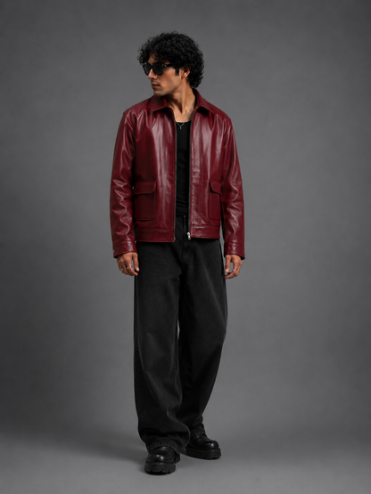 HEFNEX Oxblood Leather Jacket for Men | Premium Oversized Fit | Zip-Up Streetwear Winter Jacket