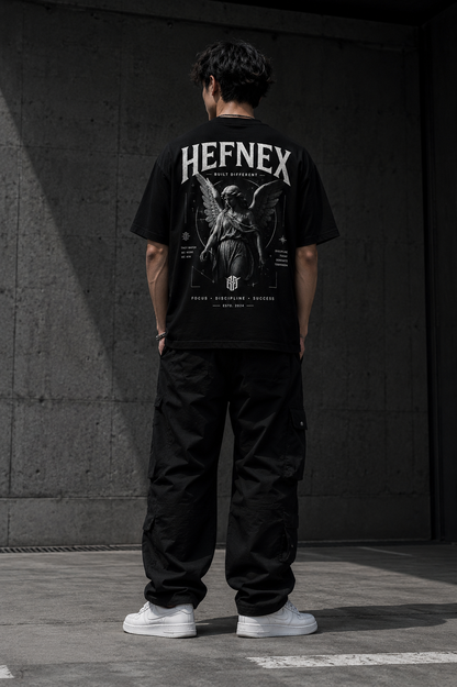 HEFNEX Oversized Black Graphic T-Shirt for Men | Angel Back Print Streetwear Tshirt | Premium Heavyweight Urban Fashion Tee