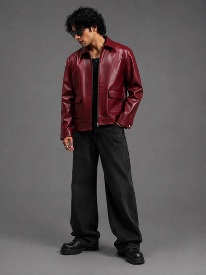 HEFNEX Oxblood Leather Jacket for Men | Premium Oversized Fit | Zip-Up Streetwear Winter Jacket
