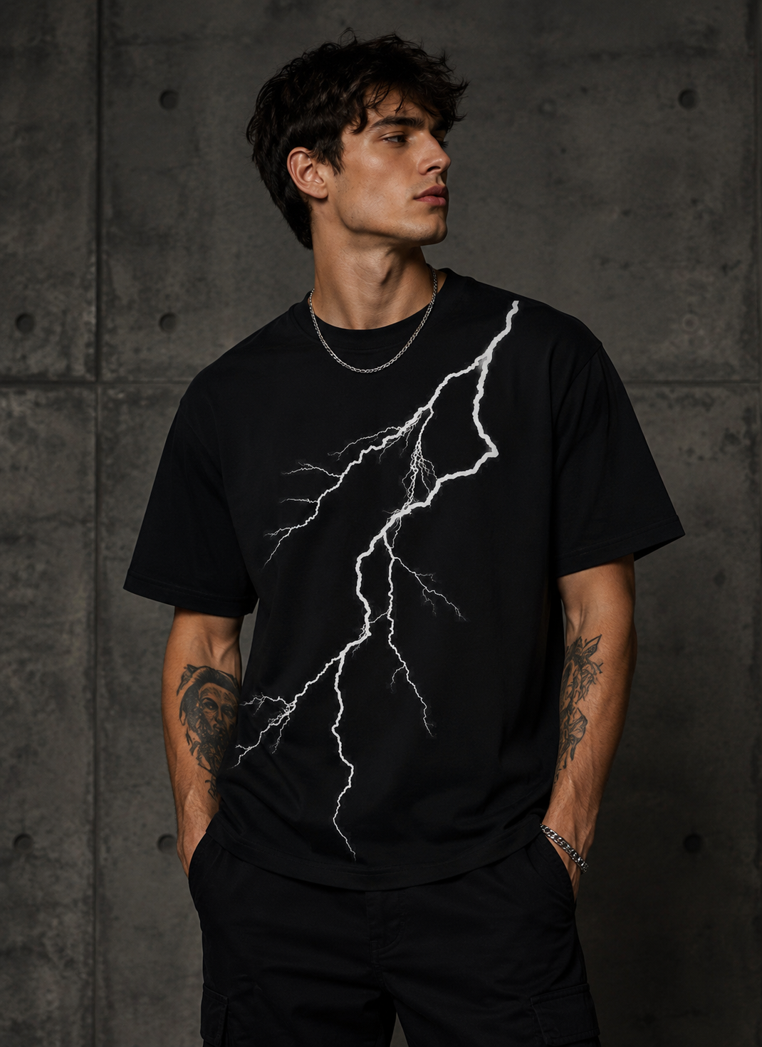 HEFNEX Thunderstrike Black Graphic T-Shirt for Men – Lightning Print Streetwear Tee